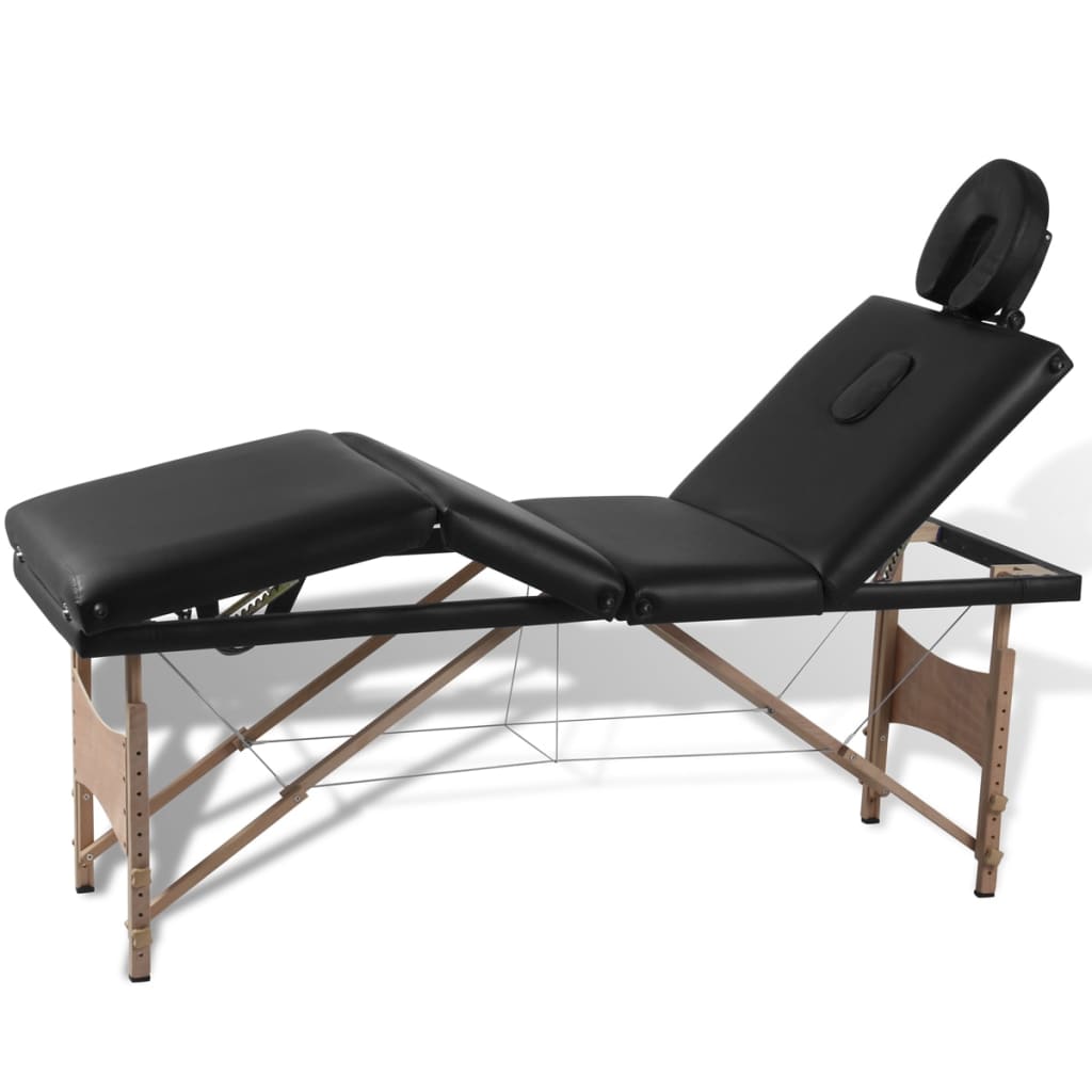 Čierny skladací masážny stôl so 4 zónami a dreveným rámom