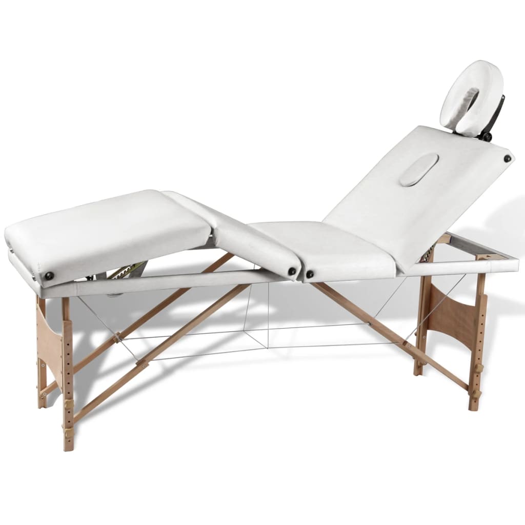 Krémovo biely skladací masážny stôl so 4 zónami a dreveným rámom