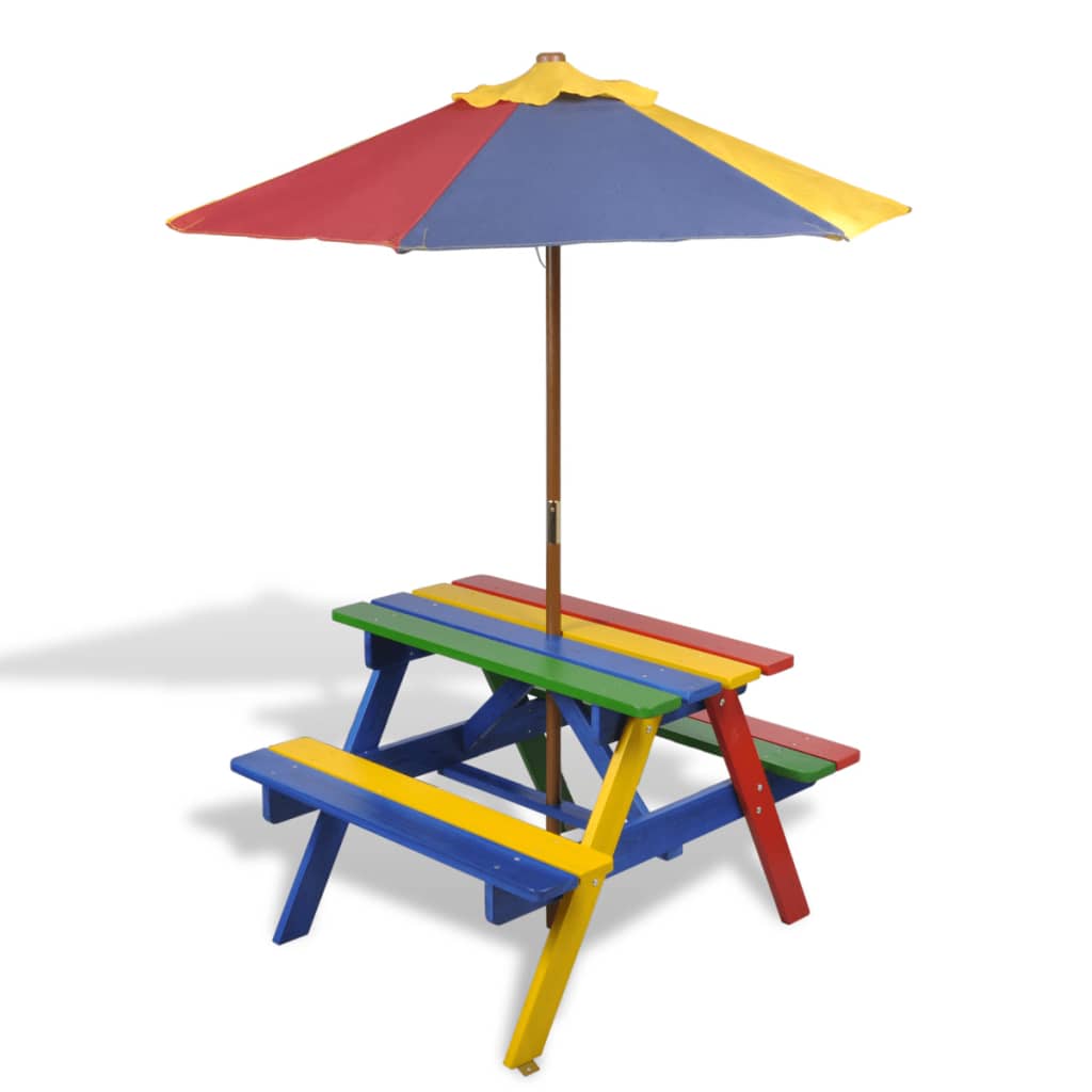 vidaXL Detský piknikový stôl s lavičkami a slnečníkom, štvorfarebný