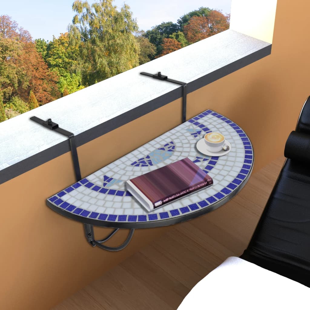 Závesný polkruhový stôl na balkón s modro bielou mozaikou