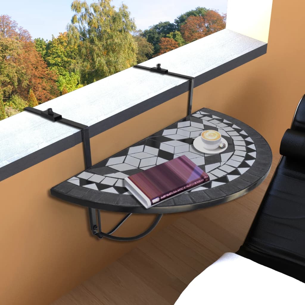 Závesný polkruhový stôl na balkón s čierno bielou mozaikou