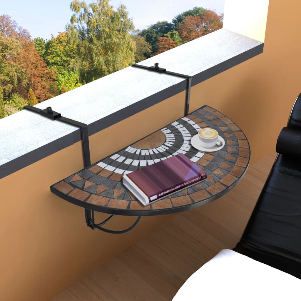 Závesný polkruhový stôl na balkón s terakota a bielou mozaikou