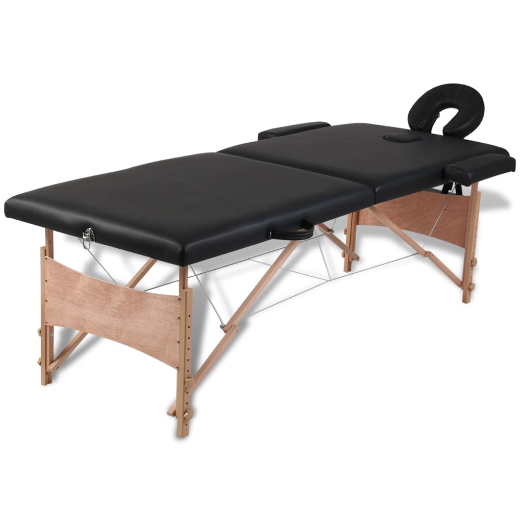 Čierny skladací masážny stôl s 2 zónami a dreveným rámom
