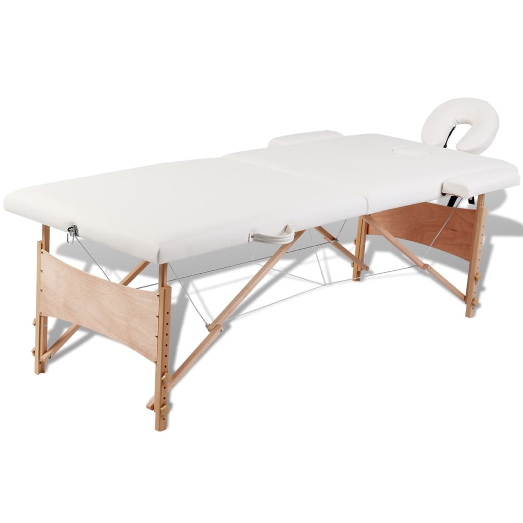 Krémovo biely skladací masážny stôl s 2 zónami a dreveným rámom