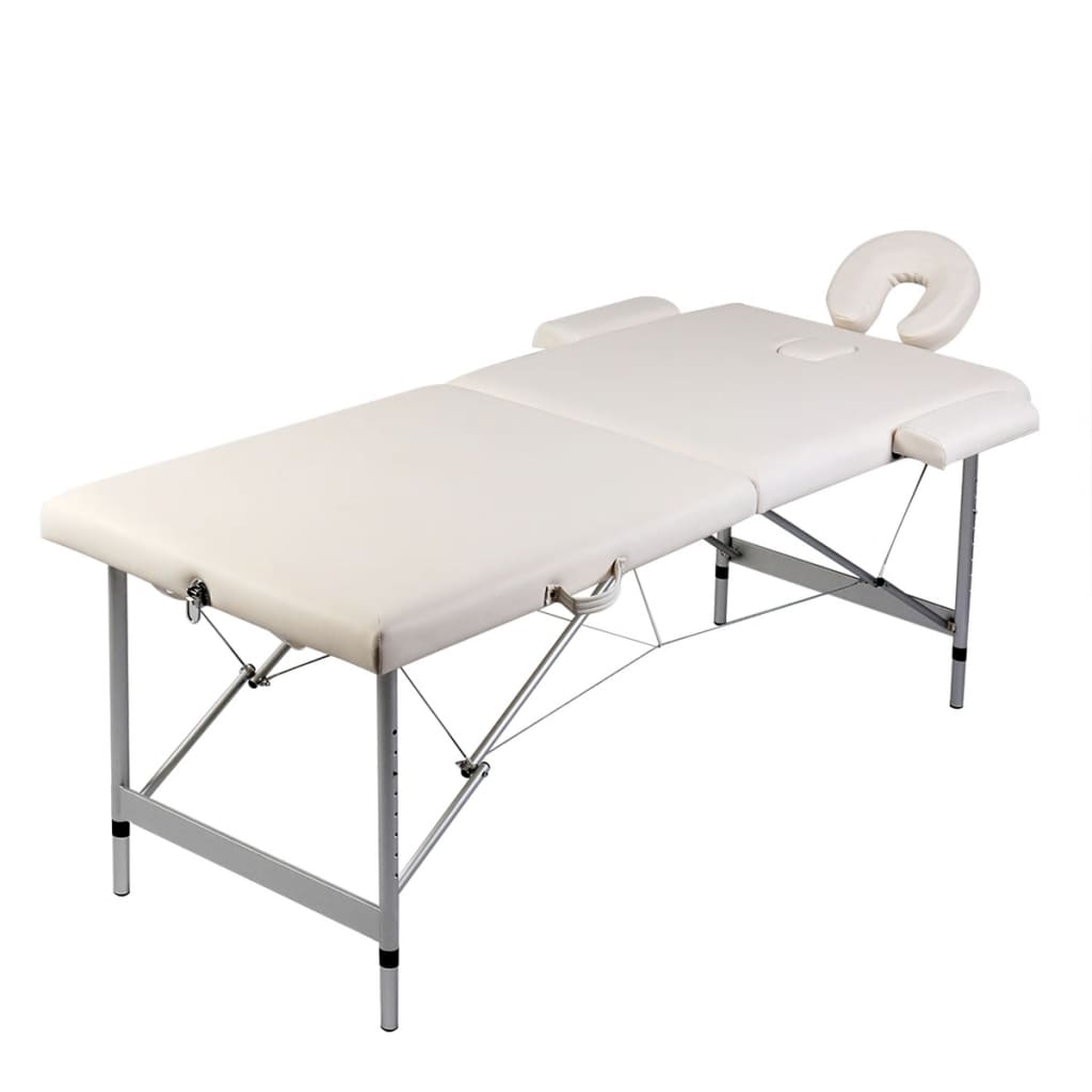 Krémovo biely skladací masážny stôl, 2 zóny, hliníkový rám