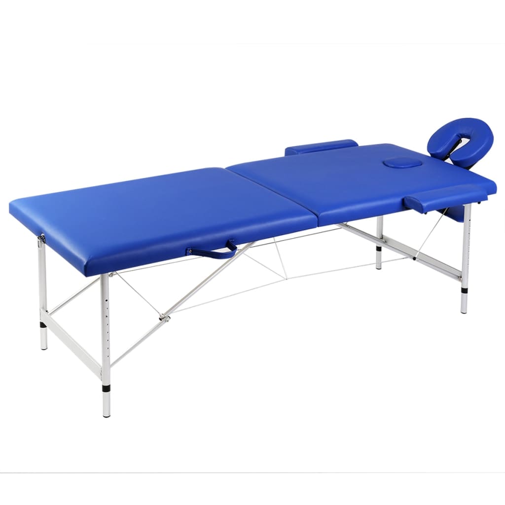 Modrý skladací masážny stôl, 2 zóny, hliníkový rám