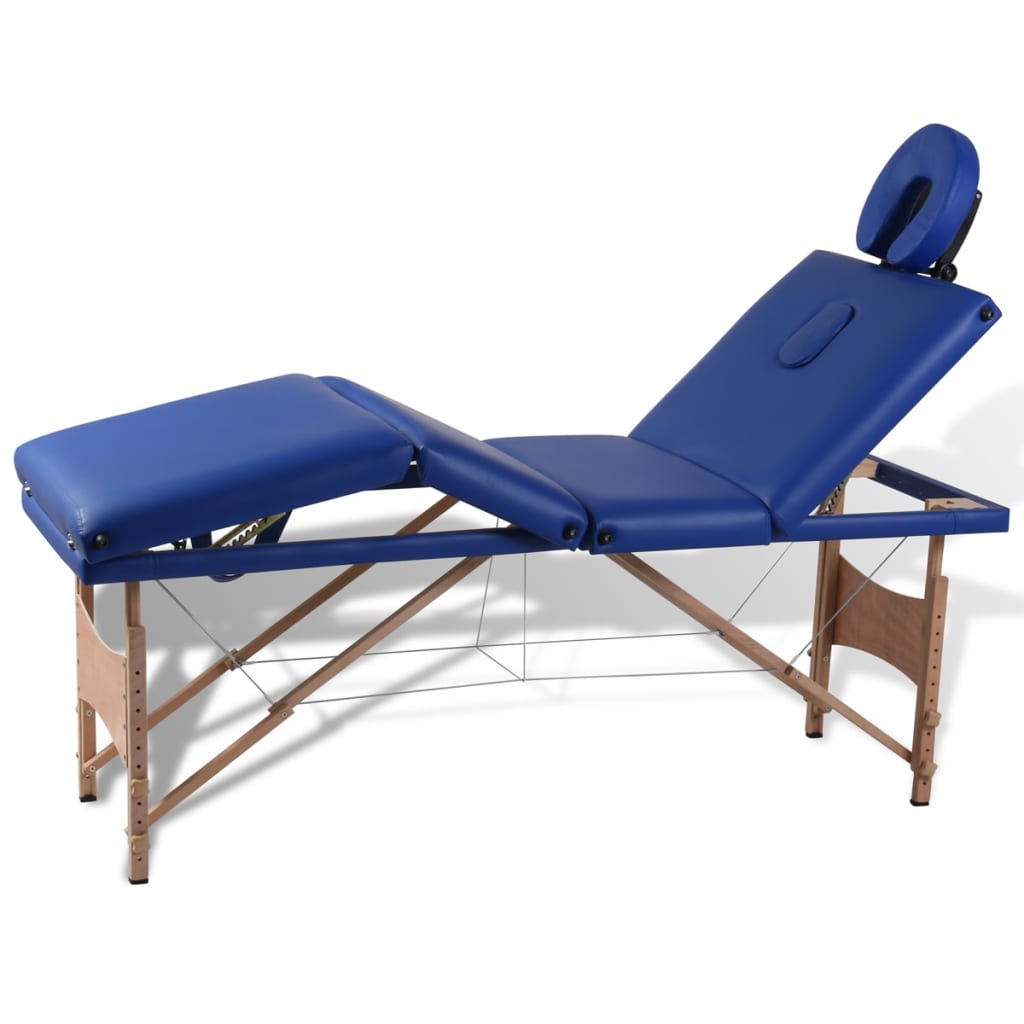Modrý skladací masážny stôl so 4 zónami a dreveným rámom