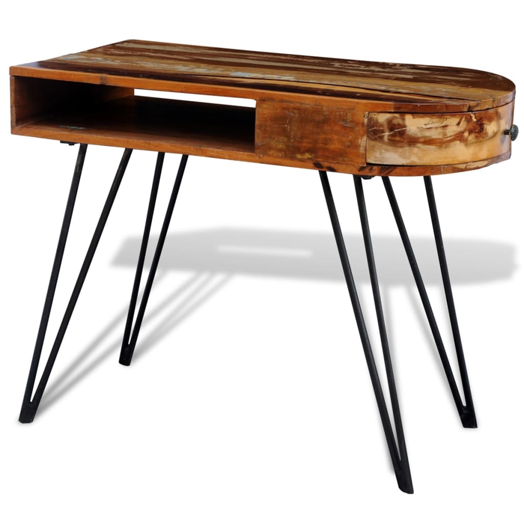 Písací stôl z recyklovaného masívu s úzkymi železnými "hairpin" nohami