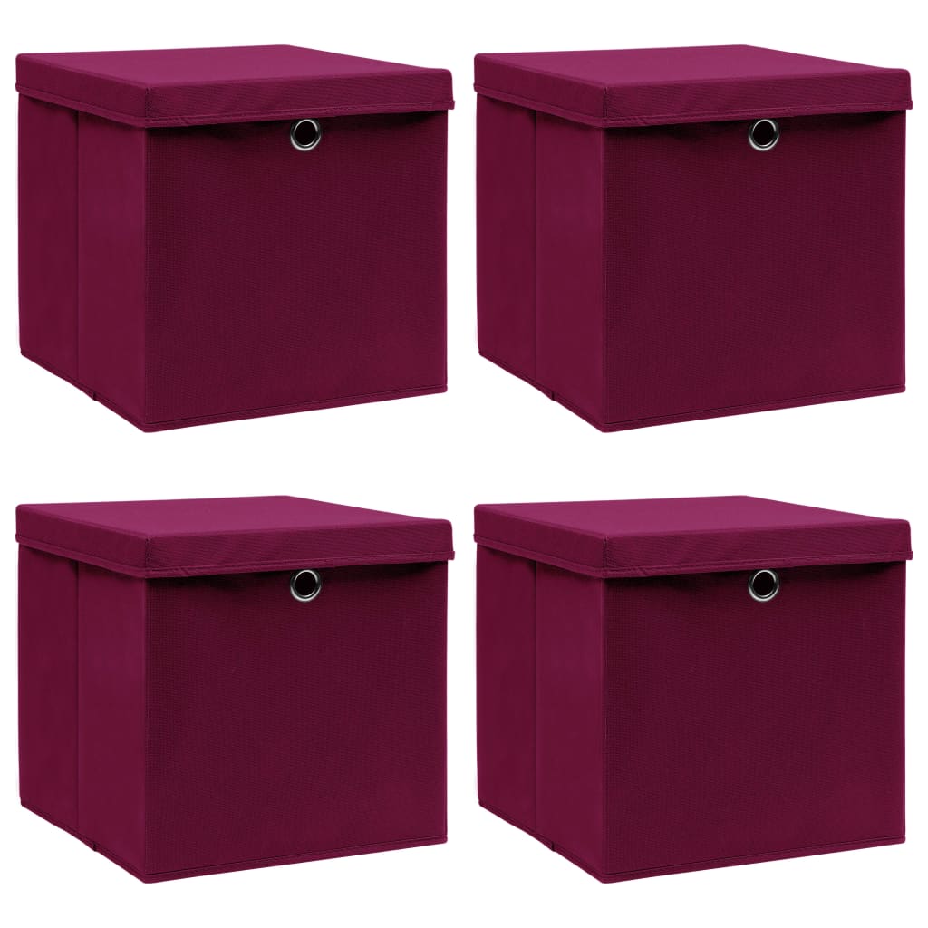 vidaXL Úložné boxy s vrchnákmi 4 ks tmavočervené 32x32x32 cm látkové