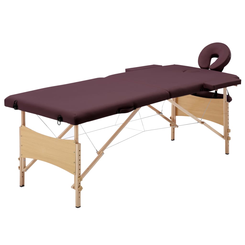 vidaXL Skladací masážny stôl, 2 zóny, drevo, vínovo fialový