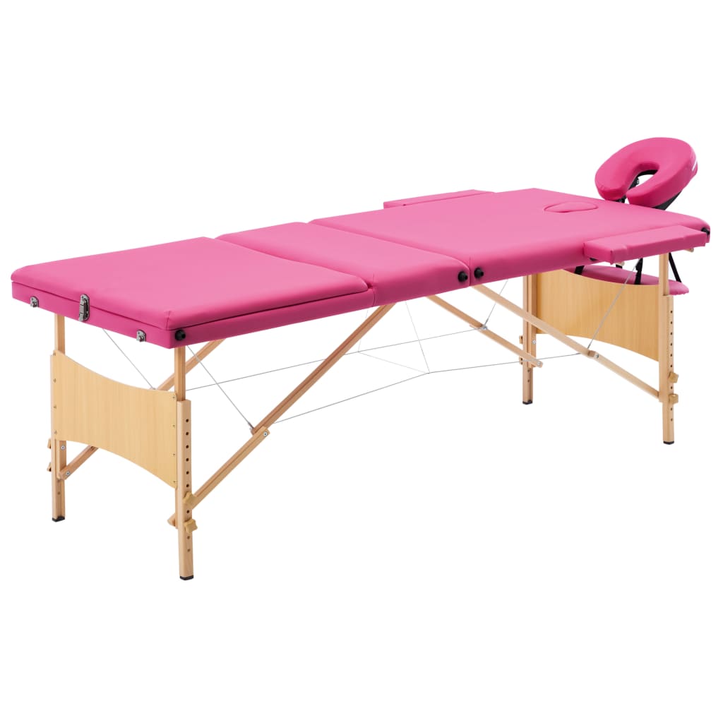 vidaXL Skladací masážny stôl, 3 zóny, drevo, ružový