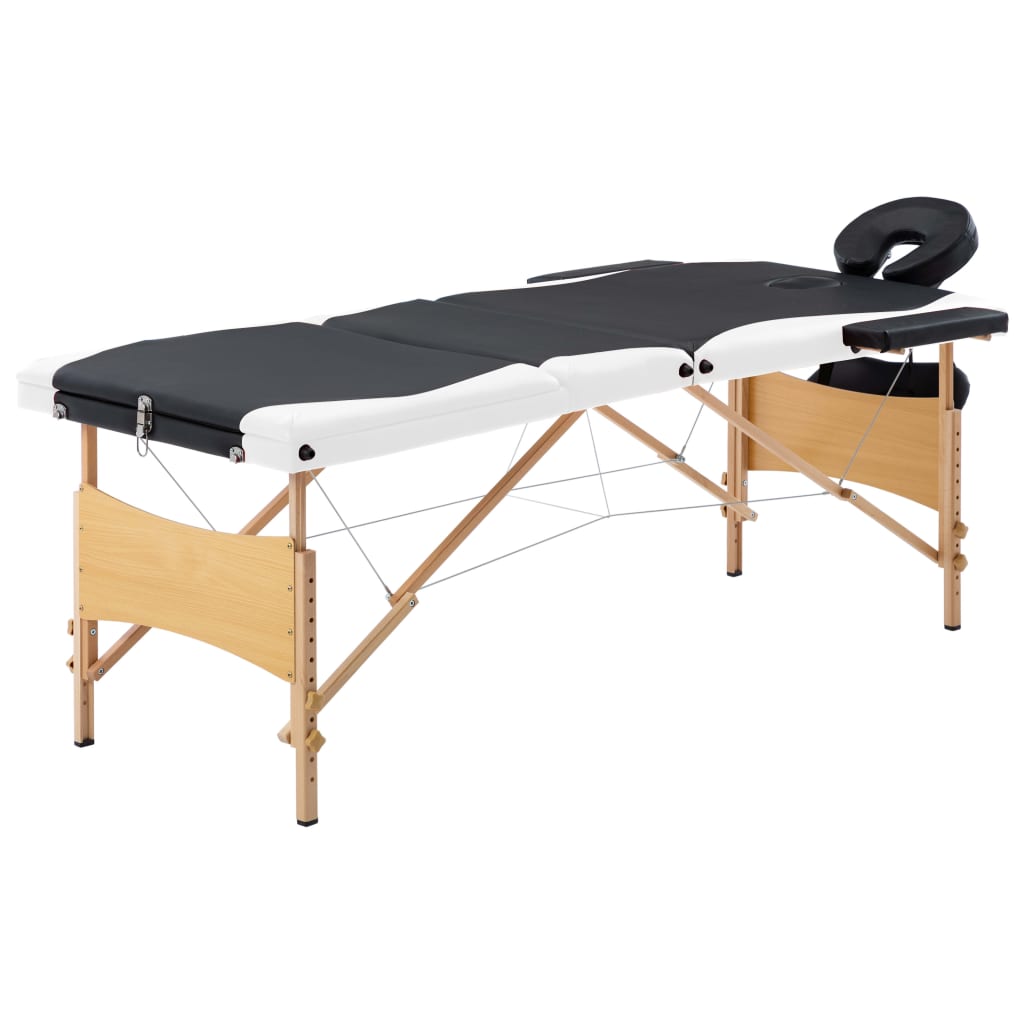 vidaXL Skladací masážny stôl, 3 zóny, drevo, čierno biely
