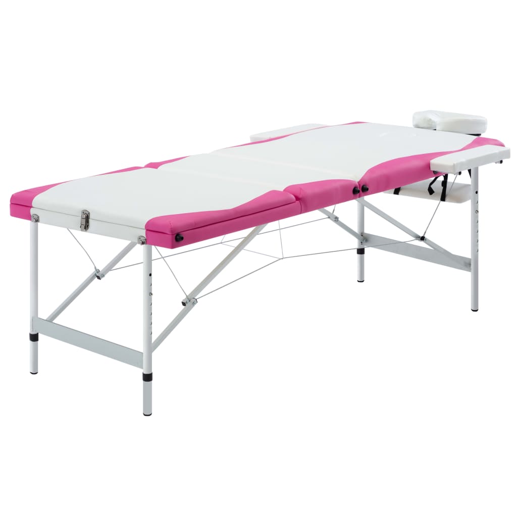 vidaXL Skladací masážny stôl s 3 zónami, hliník, bielo ružový