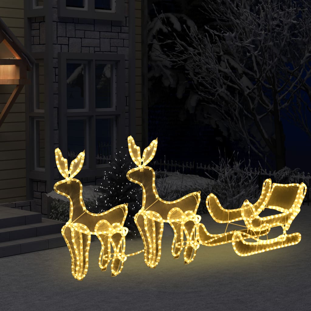 vidaXL Vianočná svetelná dekorácia, 2 soby a sane so sieťkou, 320 LED