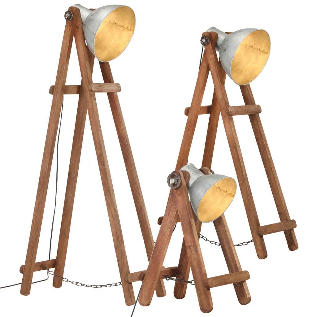 vidaXL Stojanové lampy 3 ks strieborné E27 masívne mangovníkové drevo