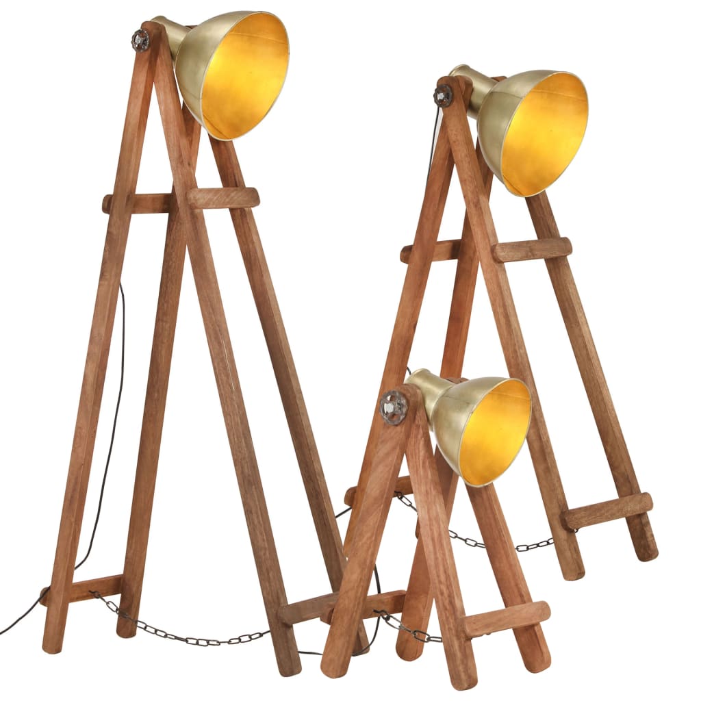 vidaXL Stojanové lampy 3 ks mosadzné E27 masívne mangovníkové drevo