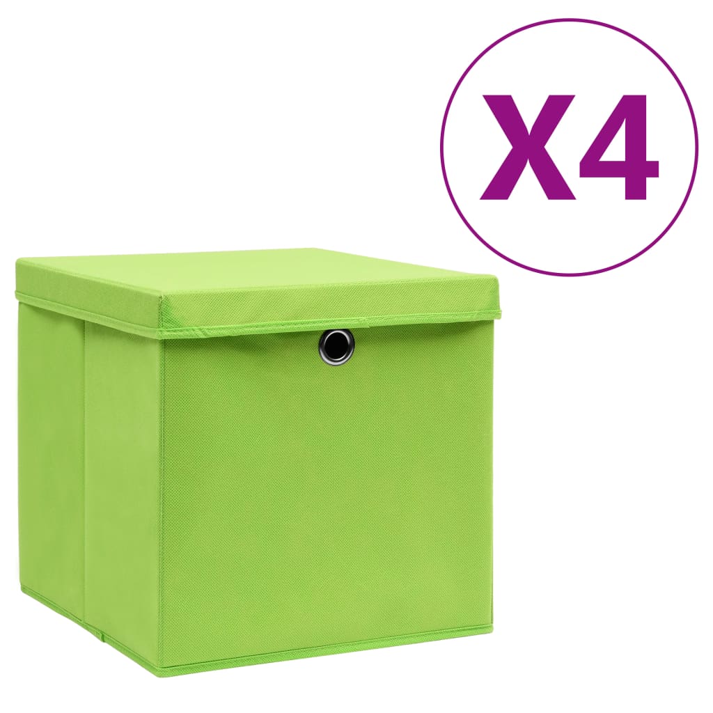 vidaXL Úložné boxy s vekom 4 ks, 28x28x28 cm, zelené
