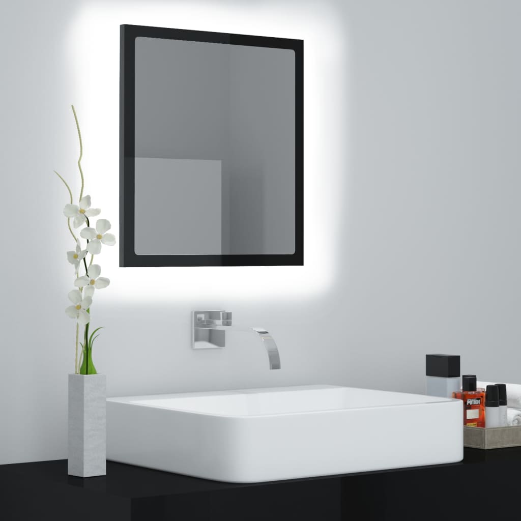 vidaXL LED kúpeľňové zrkadlo vysoko lesklé čierne 40x8,5x37 cm drevotrieska