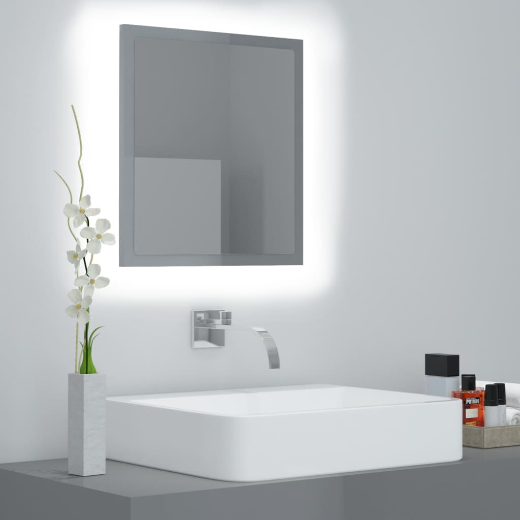 vidaXL LED kúpeľňové zrkadlo vysoko lesklé sivé 40x8,5x37 cm drevotrieska
