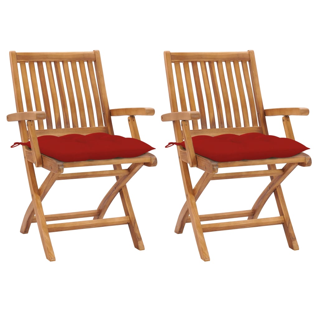 vidaXL Záhradné stoličky 2 ks, červené podložky, tíkový masív