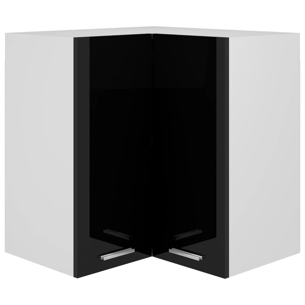vidaXL Rohová závesná skrinka lesklá čierna 57x57x60 cm drevotrieska