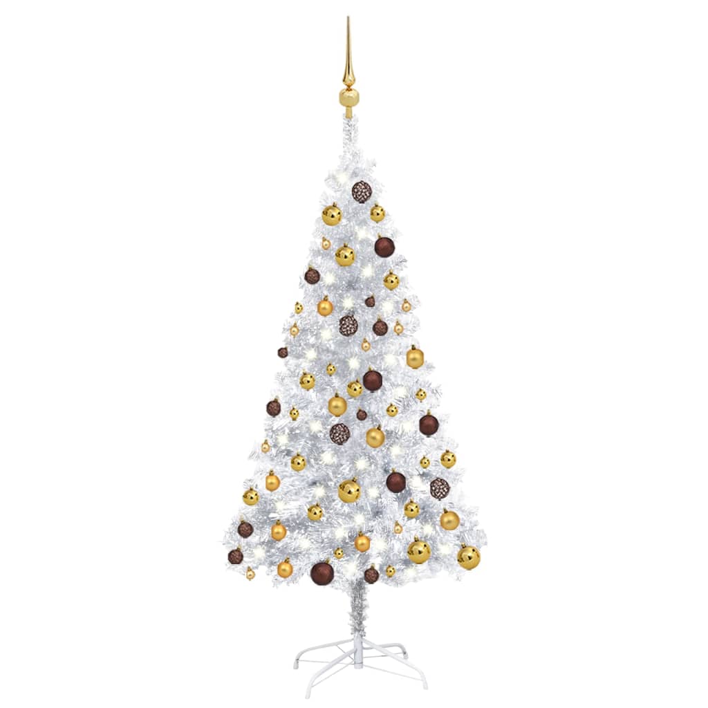 vidaXL Umelý vianočný stromček s LED a súpravou gulí strieborný 150 cm