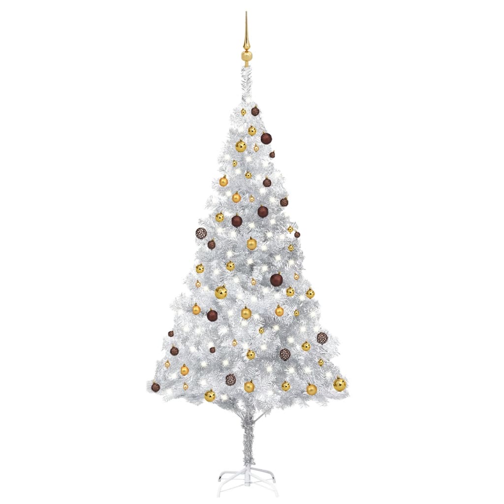 vidaXL Umelý vianočný stromček s LED s guľami 240 cm strieborný PET