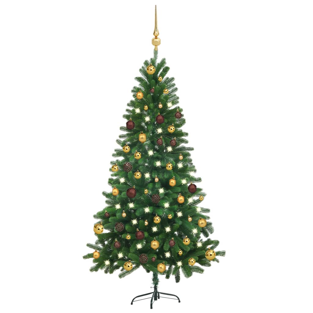 vidaXL Umelý vianočný stromček s LED a súpravou gulí 150 cm zelený