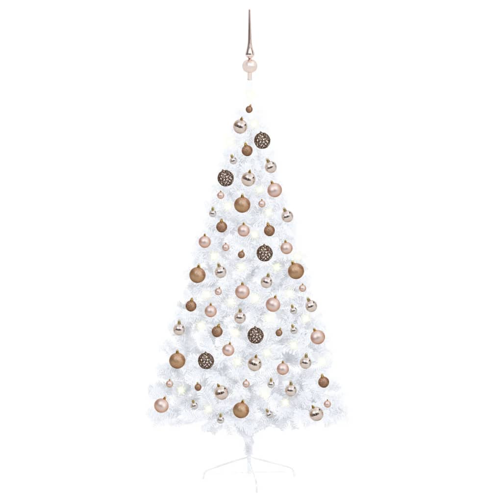 vidaXL Umelý pol vianočný stromček s LED a guľami biely 150 cm 
