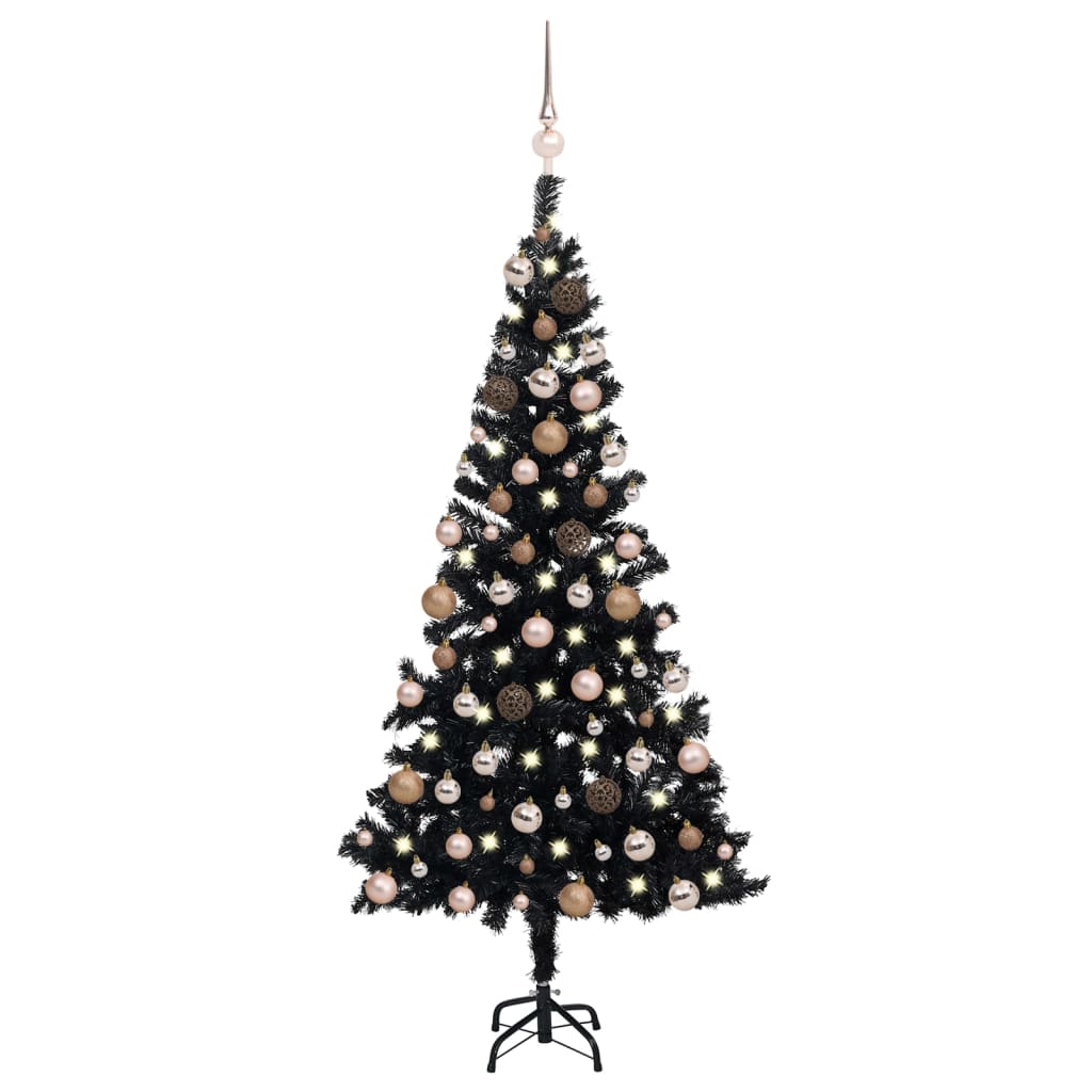 vidaXL Umelý vianočný stromček s LED a súpravou gulí čierny 150 cm PVC