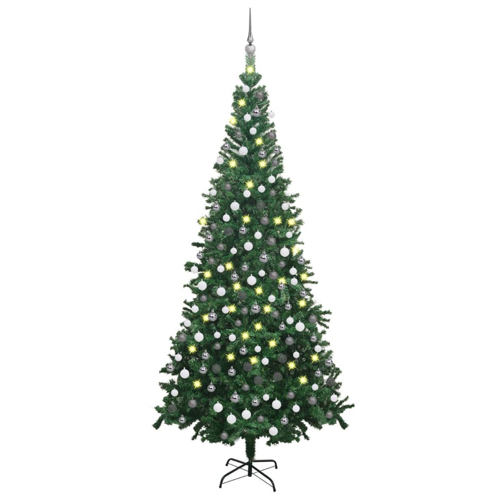 vidaXL Umelý vianočný stromček s LED a súpravou gulí L 240 cm zelený 