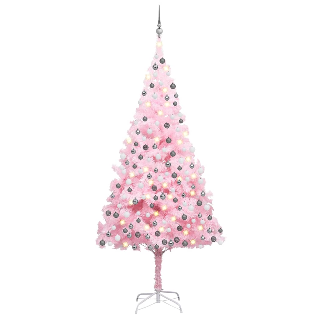 vidaXL Umelý vianočný stromček s LED a súpravou gulí 210 cm ružový PVC 