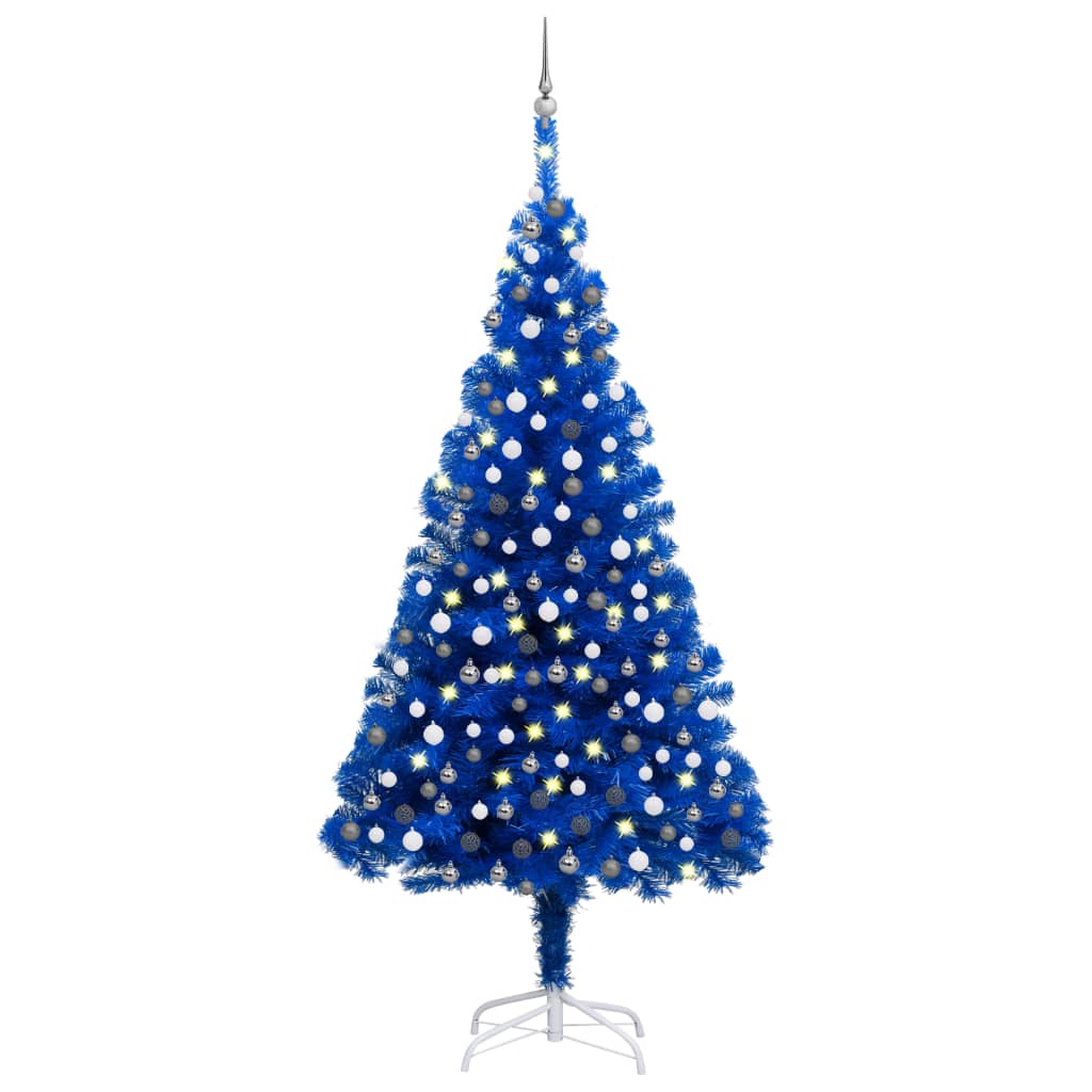 vidaXL Umelý vianočný stromček s LED a súpravou gulí 210 cm modrý PVC 