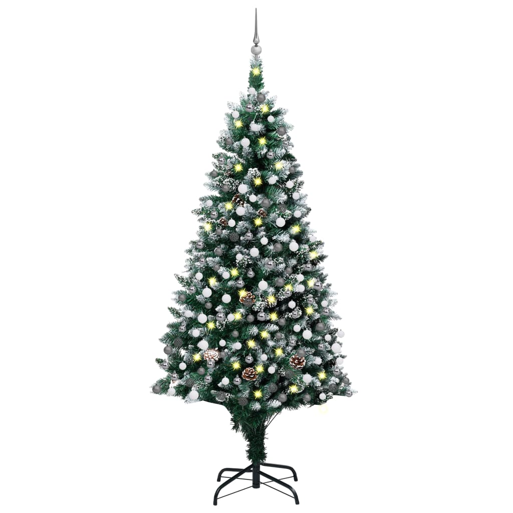 vidaXL Umelý vianočný stromček s LED, súpravou gulí a šiškami 210 cm 