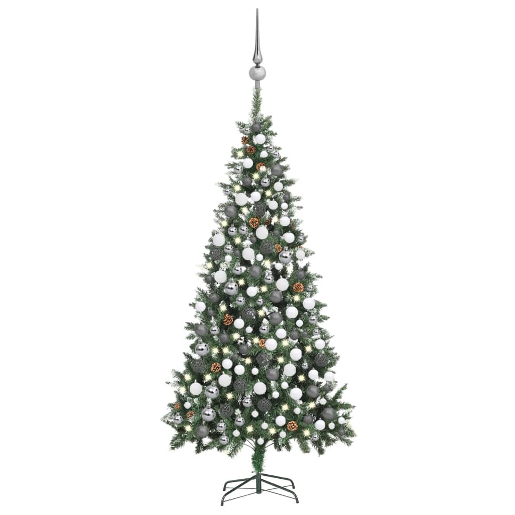 vidaXL Umelý vianočný stromček s LED, súpravou gulí a šiškami 210 cm