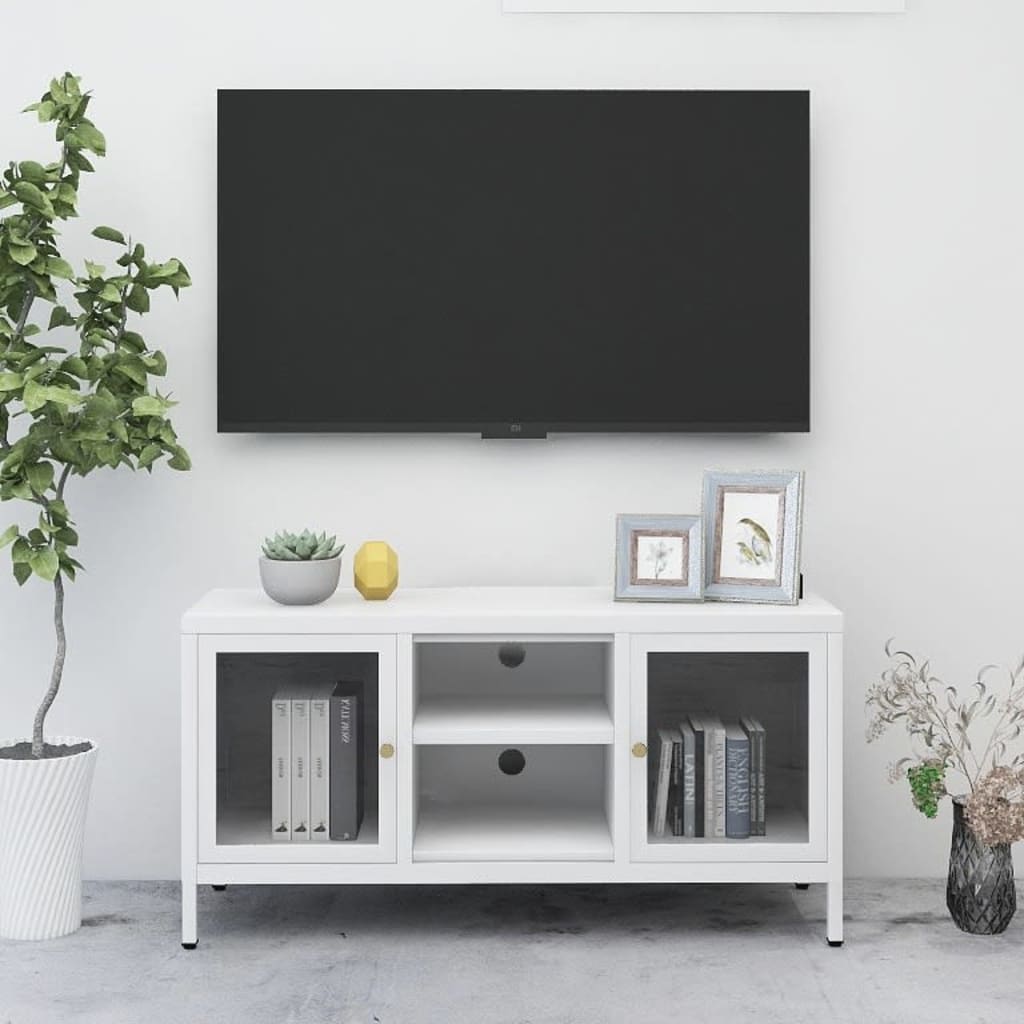 vidaXL TV skrinka biela 105x35x52 cm oceľ a sklo