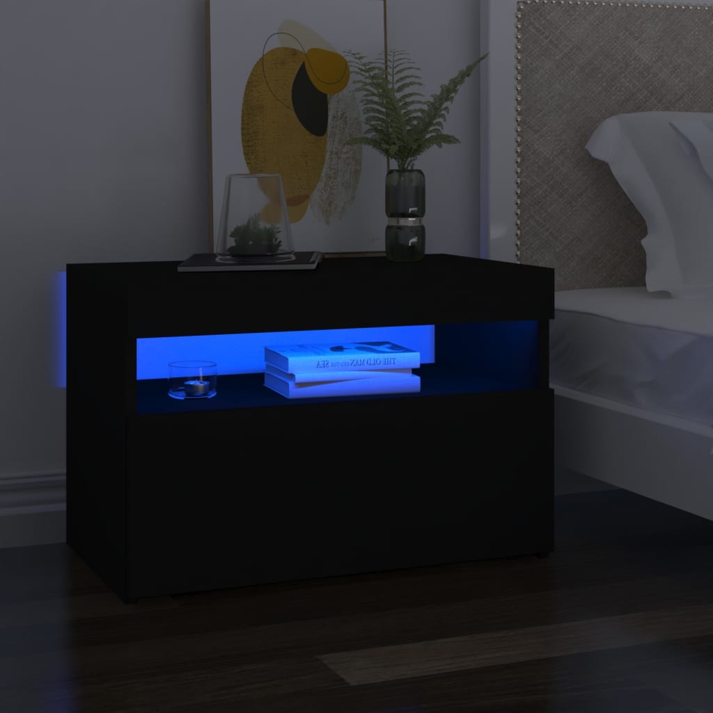 vidaXL Nočný stolík a LED svetlá čierny 60x35x40 cm drevotrieska