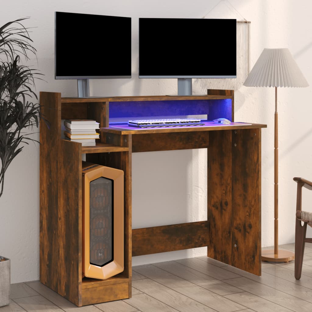 vidaXL Stôl s LED svetlami, tmavý dub 97x45x90 cm, kompozitné drevo