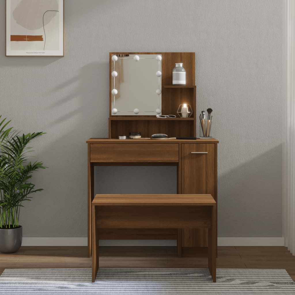 vidaXL Sada toaletného stolíka s LED hnedý dub spracované drevo