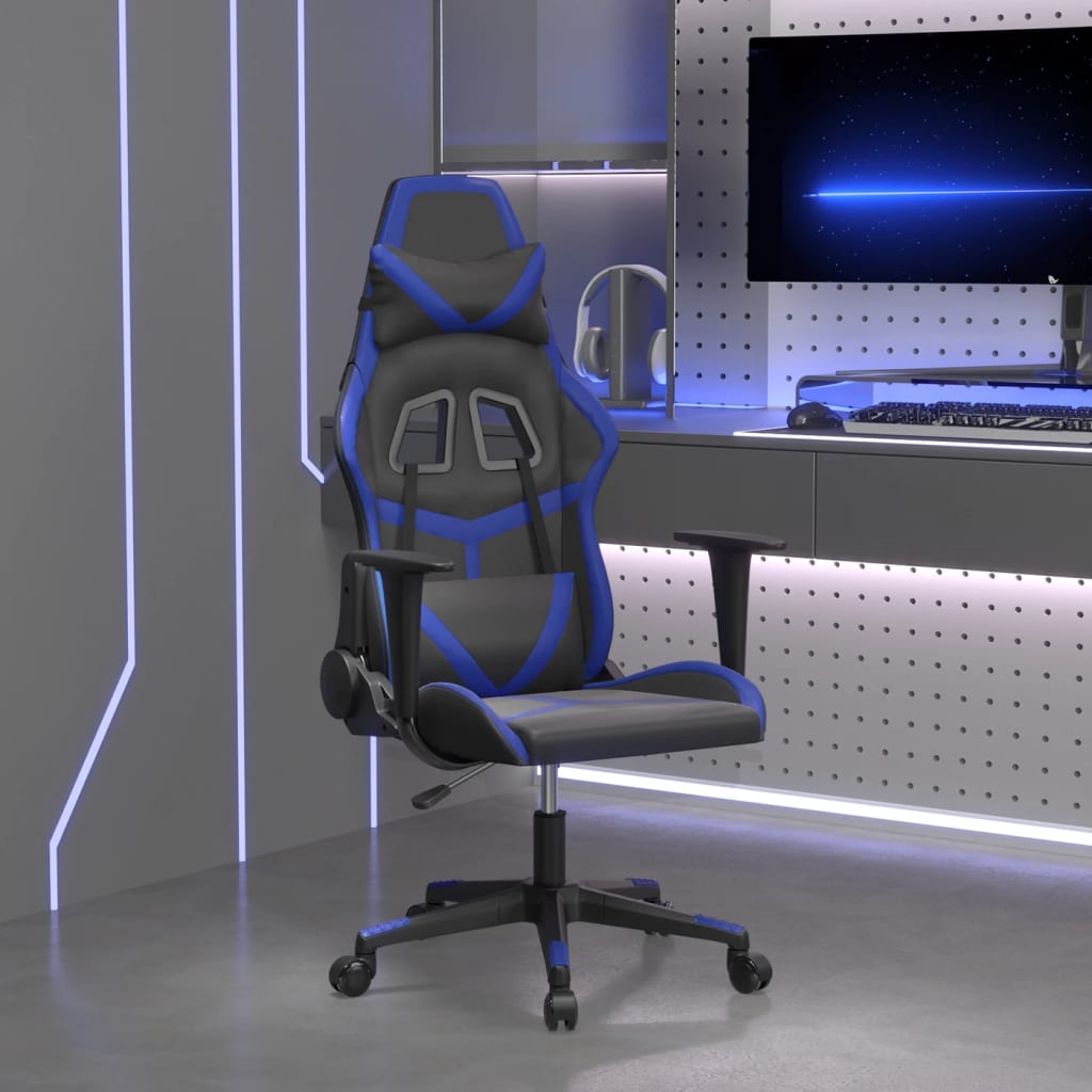 vidaXL Masážna herná stolička čierna a modrá umelá koža
