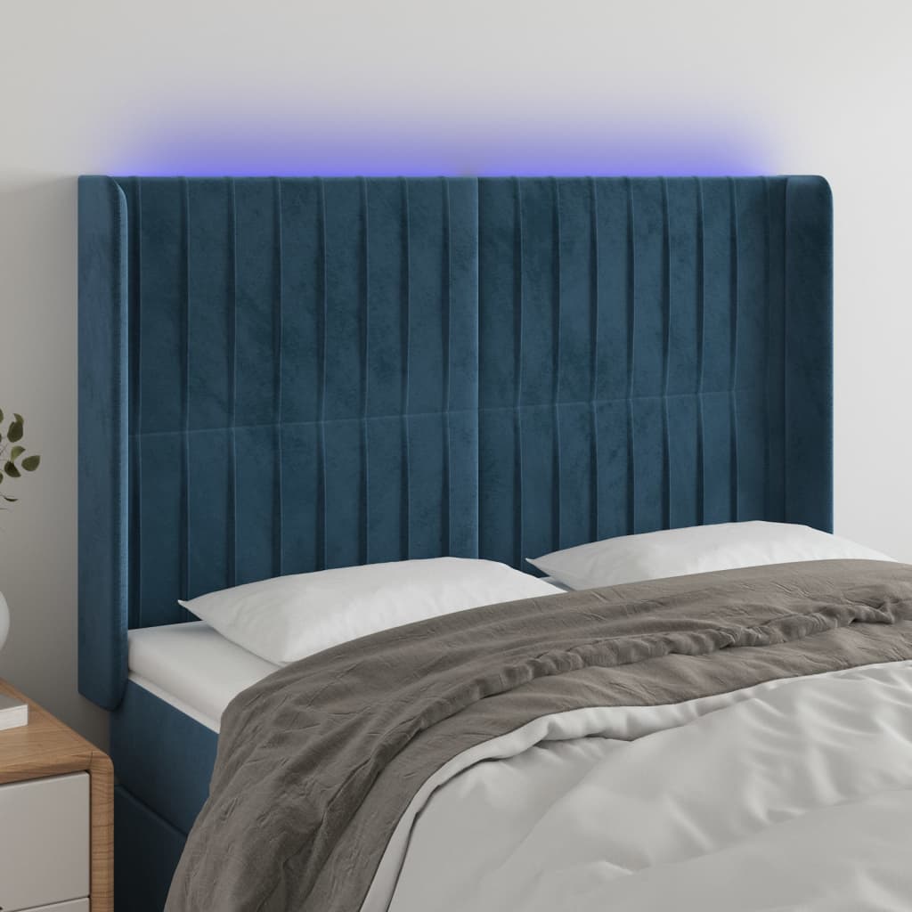 vidaXL Čelo postele s LED tmavomodré 147x16x118/128 cm zamat