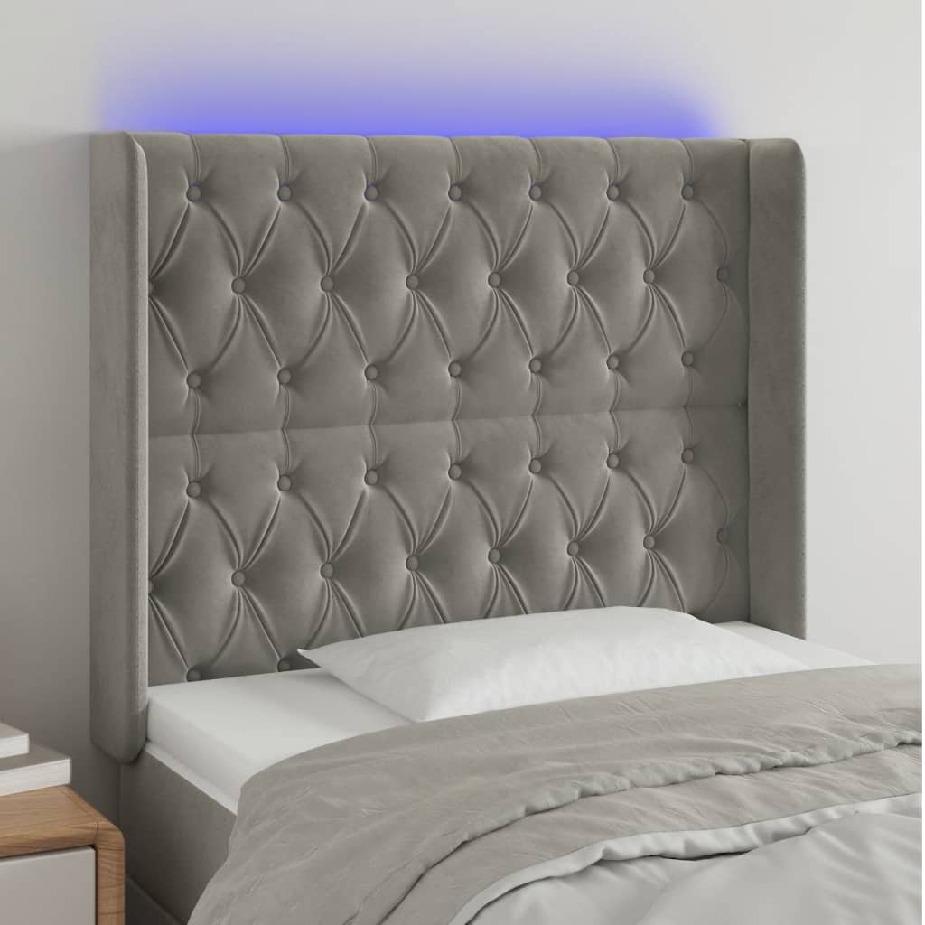 vidaXL Čelo postele s LED bledosivé 103x16x118/128 cm zamat