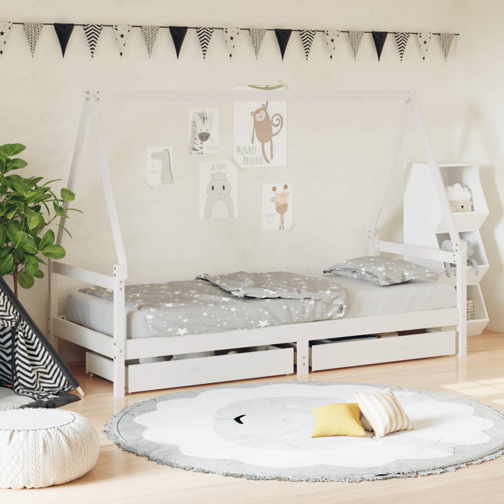 vidaXL Rám detskej postele so zásuvkami biely 90x200 cm mas. borovica