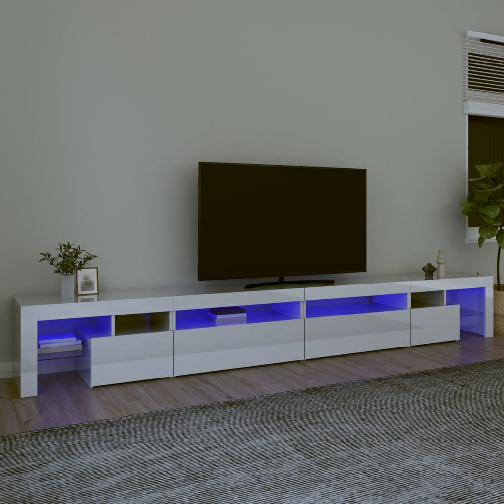 vidaXL TV skrinka s LED svetlami lesklá biela 290x36,5x40 cm