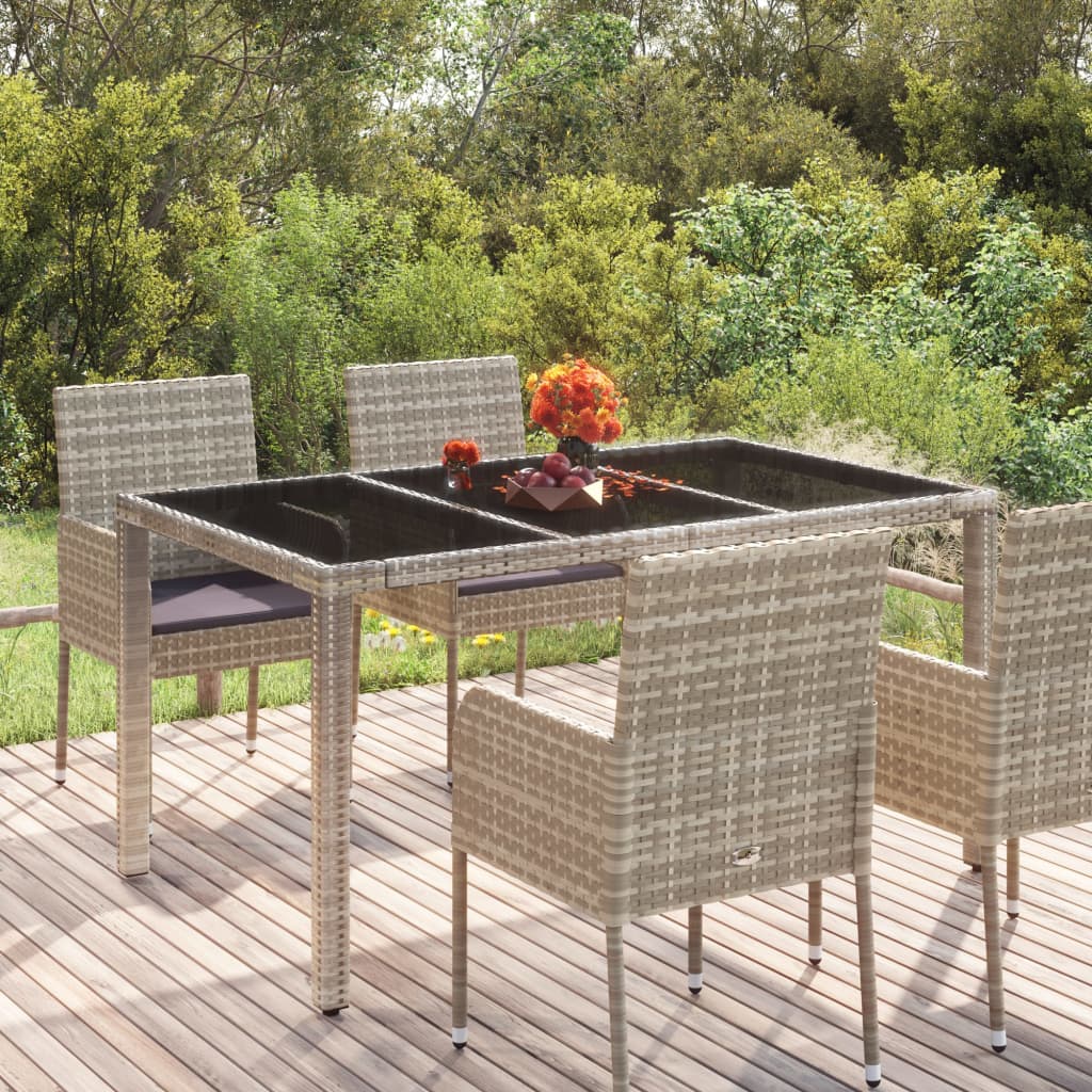 vidaXL Záhradný stôl so sklenenou doskou sivý 150x90x75 cm polyratan