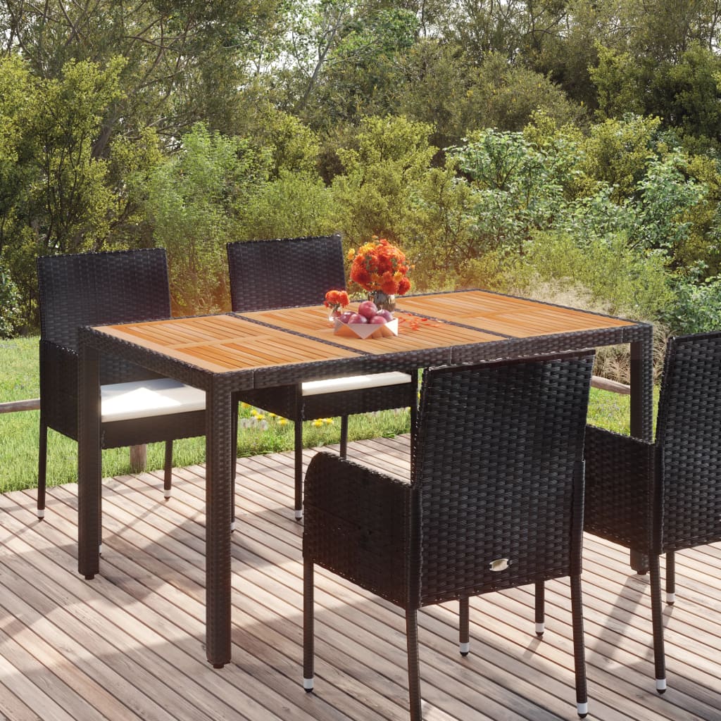 vidaXL Záhradný stôl s drevenou doskou čierny 150x90x75 cm polyratan