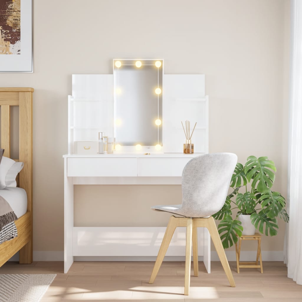 vidaXL Toaletný stolík s LED svetlami vysoký lesk biely 96x40x142 cm