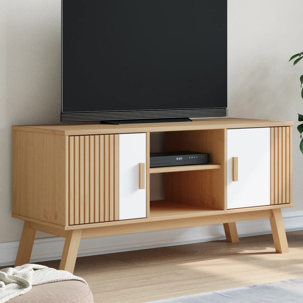 vidaXL TV skrinka OLDEN biela a hnedá 114x43x57 cm borovicový masív