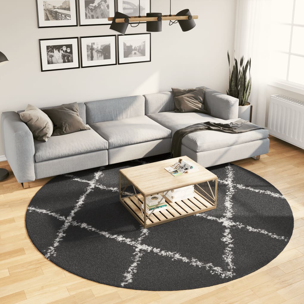 vidaXL Chlpatý koberec vysoký vlas moderný čierno-krémový Ø 240 cm