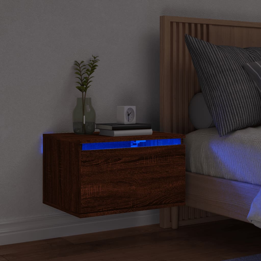 vidaXL Nástenná nočná skrinka s LED osvetlením hnedý dub